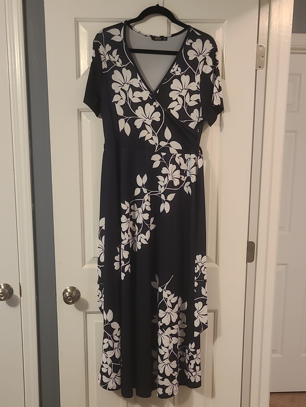 Black Floral Wrap Maxi Dress with White Print - Women
